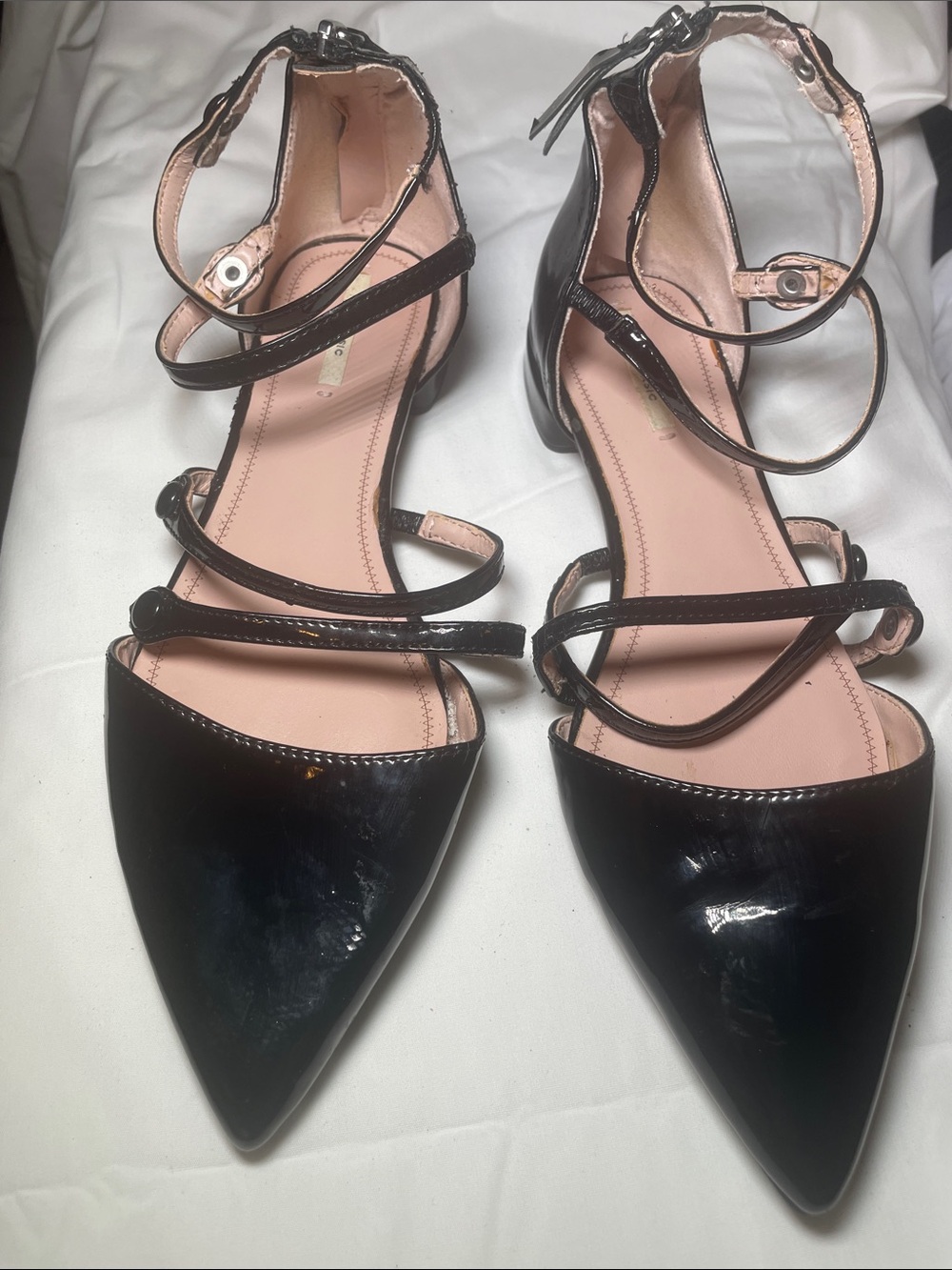 Zara Black Patent Pointed Strappy Flats with Pink Insole